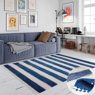 OTTO home Teppich "Benja" rechteckig 10 mm Höhe Handweb Teppich, gestreift, 90% Baumwolle, handgewebt, mit Fransen, blau, weiß