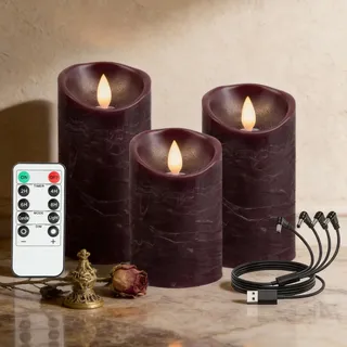 RanBluu 3er Set LED Kerzen mit Timer, elektrische flackernde Echtwachs betriebene Kerzen Wiederaufladbar, LED Säulenkerzen, für Camping, Hochzeiten, Home Deco (Rot, 10 cm&12,5 cm&15 cm Höhe)