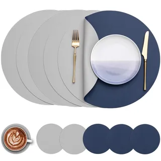 Myir JUN Tischsets 6er Set, Tischsets Abwaschbar Platzsets Rund Ø 38cm Platzdeckchen Rund Doppelseitigen rutschfest Platzsets Kunstleder Leder Tischset Lederoptik (Hellgrau Blau, 6er Set)