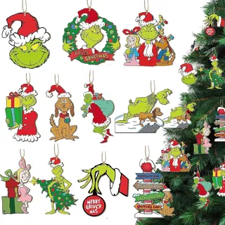 Grinch Weihnachtsbaumschmuck 16 Stück – 2D Acryl Anhänger 8 cm, Bunte Cartoon Ornamente mit Kordel, Festliche Weihnachtsdeko für Baum, Fenster, Tür, Zuhause, Party & Geschenkideen (Holz)