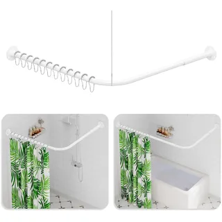 Duschvorhangstange L Form, (60-135cm) × (60-135cm) Verstellbare Weiß Duschstange L Form, Duschstange Ecke mit 12 Ringen & Deckenstütze für Badezimmer, Bohren Erforderlich
