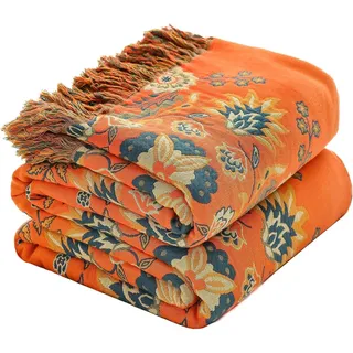 HOORDRY Baumwolle gewebte Decke Muster,Überwurf mit Fransen Doppelseitig Boho tagesdecke,230×250CM,Edele und kuschelig weiche TV-Decke Couchdecke Sesseldecke Wendedecke bettüberwurf
