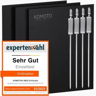 KOMOTO® BBQ Grillmatte 50x40 cm I Extra Dick I Für Gasgrill und Holzkohle (3er Set mit Grillspießen)