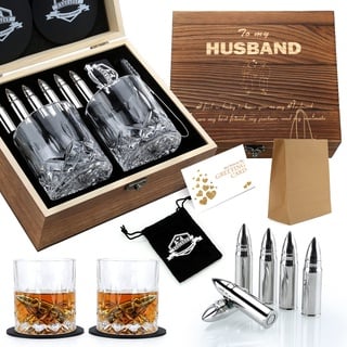 Exreizst Whisky Gläser Set Ehemann- Whiskey Zubehör Set - 6 Whisky Steine - 2 Gläser, Zange & 2 Untersetzer 1 samtartiger Aufbewahrungsbeutel einbegriffen mit Holz Geschenkbox