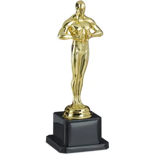 Relaxdays Siegerfigur, quadratischer Sockel, Figur mit Kranz, Siegertrophäe, Hollywood, 18,5 cm groß, gold