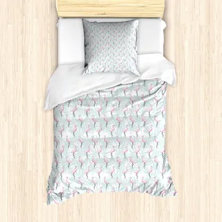ABAKUHAUS Flamingo Mantele, Palmen Rosa Vögel, Milbensicher Allergiker geeignet mit Kissenbezügen, 135 cm x 200 cm - 80 x 80 cm, Mint Green Pale Pink - Rosa