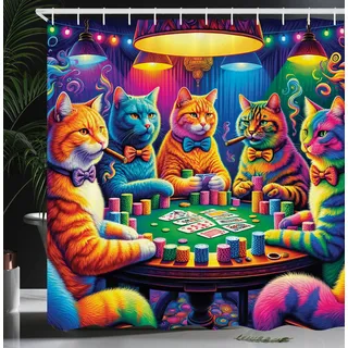 ABAKUHAUS Katze Duschvorhang, Farbenfrohe Kunst von Kätzchen beim Mehrfarbige psychedelische Szene, Stoffliches Gewebe Badezimmerdekorationsset mit Haken, 175 x 200 cm, Magenta Orange Lila