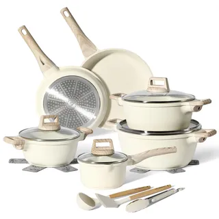 just perfecto Topf und Pfannenset Induktion - Pfannenset mit deckel - Induktions Töpfe Set - Töpfe und pfannen set ohne PTFE und PFOA - Kochtopfset induktion (15-Teilig Beige)