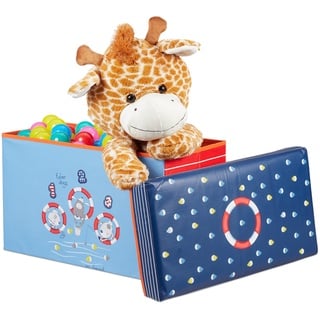 Relaxdays Sitzbox Kinder, Faltbare Aufbewahrungsbox mit Stauraum, Deckel, Motiv Meer, Jungen & Mädchen, 50 Liter, blau, Sea Life