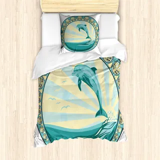 ABAKUHAUS Delfin Mantele, Säugetier Springen aus Meer, Milbensicher Allergiker geeignet mit Kissenbezügen, 135 cm x 200 cm - 80 x 80 cm, Teal Gelb Schwarz