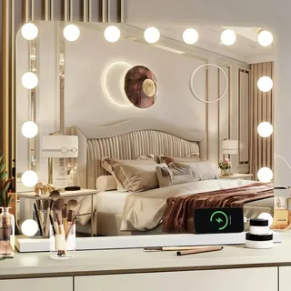 Clevich Hollywood Spiegel,15LED,Schminkspiegel mit Beleuchtung,58x46 cm, 3 Lichtfarben, Enstellbare Helligkeit, mit USB und Type-C,Abnehmbare Lupe,Kosmetikspiegel mit Licht,Wandspiegel, Tischspiegel