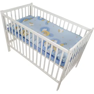 HAPPY 7 Teiliges Babybett Kinderbett und Bettwäsche komplett Set höhenverstellbar aus Massivholz für Neugeborene Babys und Kleinkinder (Blau-Teddybär auf Leiter) - Blau