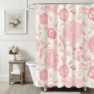 Ksriylm Rosa Leinen Baumwolle wasserdicht Duschvorhang,182x182cm wunderschöne Blumen Duschvorhänge für Badezimmer Dekor, schickes Stoff Tuch Blumenblätter Duschvorhang mit 12 Ringe