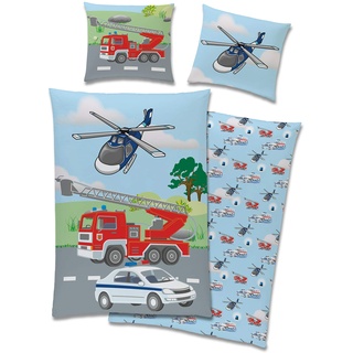 Familando Kinderbettwäsche mit Polizei Feuerwehr Motiv aus 100% Baumwolle · Bettwäsche mit Wende-Motiv und Reißverschluss · Bett-bezug 135x200 cm · Kopfkissen-bezug 80x80 cm · 100% Baumwolle