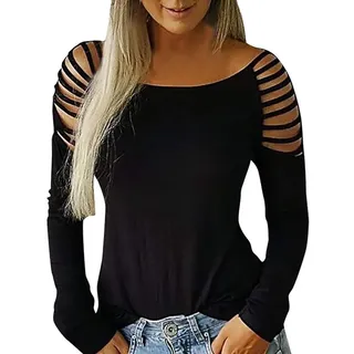 DeaAmyGline Schulterfreies Oberteil Damen Cutout - Langarmshirt Sexy T Shirt Langarm Rundhals Oberteile Locker Tunika Top Lässig Einfarbig Tee Pullover Schwarze Sweatshirt T-Shirts für Frauen