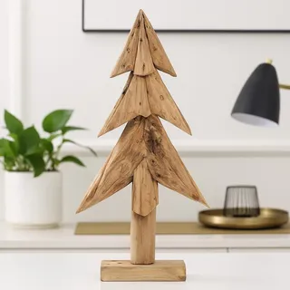 Dekorativer Teakholz-Weihnachtsbaum auf Stamm – Naturholz-Deko