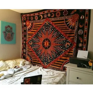 Popular Handicrafts Wandteppich, Wandbehang, brennende Sonne und Mond, Hippie-Mandala, Boho, Hippie, aufwendiger indischer Wandteppich, 215 x 230 cm, goldfarben