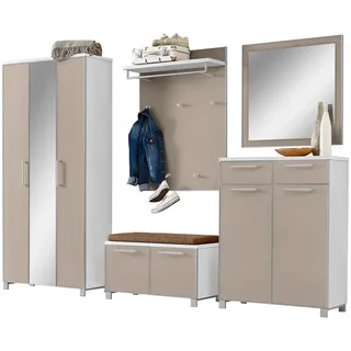 Garderobe , Weiß, Taupe, Hellbraun , Glas, Textil, Holzwerkstoff , 6-teilig , 265x195x40 cm , Goldenes M, Made in Germany, DGM-Klimapakt , Garderobe, Garderoben-Sets & Garderoben-Serien, Garderoben-Sets