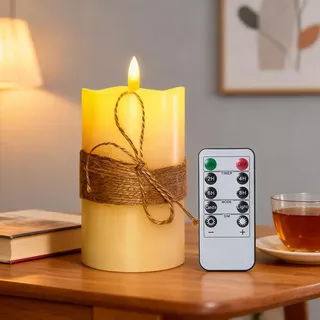 Koelaa Echtwachs LED Kerze mit Juteseil & Fernbedienung (Batteriebetrieben) - Realistischer Flammeneffekt - Flammenlose Kerze für Weihnachtsdeko, Adventskranz, Tischdeko & Wohnzimmer - Elfenbein