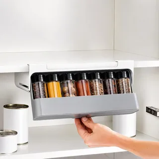 Cimvidi Gewürzregal mit 6 Gewürzdosen, Gewürzregal mit Ausziehbarem | Gewürzregal mit Gewürzdosen, Küchenregal, Gewürzregal ohne Bohren (32 X 9.5 X 13.5 CM)