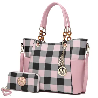 MKF Crossbody Tasche für Damen Set Handtasche börse börse - Top-Handle Tote - Abnehmbarer Schultergurt Vegan Leder, Pink (Karo Rosa), Large