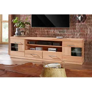 Home Affaire Lowboard HOME AFFAIRE "Ribe,180cm breit, Fronten Massivholz,6 Fächer,Kabeldurchführung", beige (kernbuche teilmassiv), B:180cm H:55cm T:35cm, Holz teilmassiv, Sideboards, Lowboard, Korpus Holzwerkstoff,Glaseinsatz aus gehärtetem Glas,Böden versetzbar