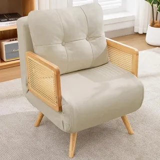Merax 3-in-1 Schlafsessel, Klappsessel mit Schlaffunktion, Relaxsessel Gästebett, 5-fach verstellbare Rückenlehne, Rattan Armlehnen, Linen, Beige - Beige