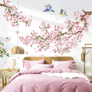 decalmile Wandsticker Kirschblüte Baum Ast Rosa Wandtattoo Vögel auf Ast