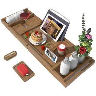 Badewannen-Caddy für Badewanne – Bambus, verstellbares Organizer-Tablett für Badezimmer mit kostenloser Seifenschale, geeignet für Luxus-Spa oder Lesen (Walnuss)