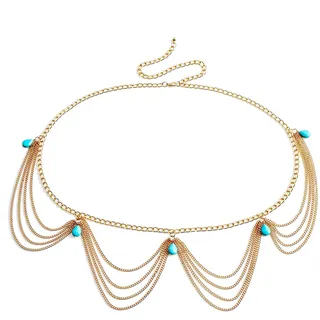 CHIC DIARY Gold Kettengürtel Damen Vintage Boho Taillenkette mit Türkis Perlen Dekorativer Körperkette Bundkette für Kleid