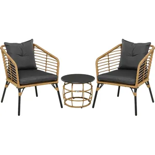 Fortuna Lai Rattan Gartenmöbel-Set, 3-TLG. Sitzgruppe, inkl. Couchtisch und 2 Stühle, Bistro-Set mit Kissen, Balkonmöbel, Sand+Dunkelgrau - Beige