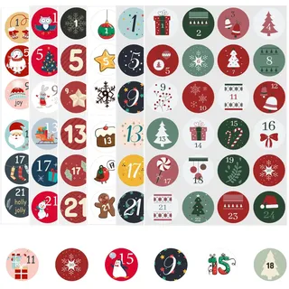 JEKRWNOY Aufkleber Adventskalender Zahlen,1-24 Aufkleber Klebezahlen Selbstklebend Etiketten Adventskalender Basteln Weihnachten,Rund Zahlenaufkleber Nummern