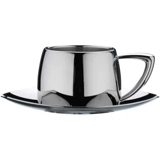 Café Stål Art Deco DC-508 Espresso Ober- und Untertasse Set aus hochwertigem Edelstahl – Hochglanzpolitur, Silber