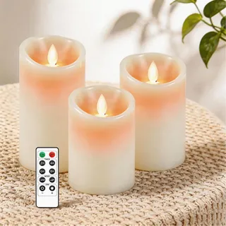 AiiBowy Led Kerzen [3er Set] Flammenlose Kerze Echtwachs Flackernde Dimmbar mit Fernbedienung Weihnachtskerzen LED Flammen 4"/5"/6” Tischdeko, Wohnzimmer, Weihnachten, Hochzeit, Party (Weiß)