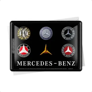 Nostalgic-Art Retro Blechpostkarte, 10 x 14 cm, Mercedes-Benz – Logo Evolution – Geschenk-Idee für Mercedes-Fans, Original Lizenzprodukt (OLP), Postkarte aus Metall, Mini-Blechschild als Grußkarte