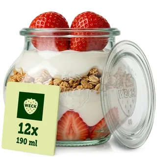 Weck Gläser 190ml – 12er Set mit Deckeln – Schmuckform – robuste, stapelbare Vorratsgläser & Einweckgläser - Glasbehälter ideal für Servieren von Dessert und Dekoration – Made in Germany