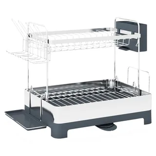 COSTWAY 2 Etagen Abtropfgestell Geschirr, 57x32x39,5 cm Abtropfständer mit abnehmbarem Geschirrkorb & Besteckhalter, 360° ausziehbaren Ausguss - Weiß