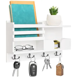 Schlüsselhaken Wand Schlüsselbrett Mit Ablage Holz Schlüsselbrett für Schlüsselaufbewahrung Wohnzimmer Küche Büro Flur Schlafzimmer Weiß Taschen Mäntel Regenschirme Paulownia Schlüsselaufhänger