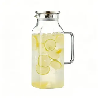 Glaskanne mit Deckel - 2 Liter Getränkekanne Mit Griff Und Deckel | Glaskaraffe Mit Großem Volumen,Geeignet Für Saft, Tee, Kaffee, Limonade, Milch, Kühlschrank, Arbeitsplatte, Camping, Grillen, Pickni