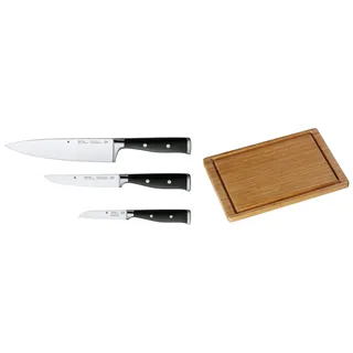 WMF Grand Class Messerset 3teilig, Spezialklingenstahl, 3 Griff vernietet, Küchenmesser & Schneidebrett Bambus natur, 38 x 25 x 1,9 cm, Holzbrett rechteckig - Tranchierbrett mit Saftrille