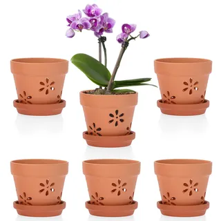 OGANAZI 6 Stück Terracotta Blumenkasten mit Abnehmbarem Untersetzer 10,1 cm Klein Pflanztöpfe Atmungsaktive Blumentöpfe mit Abflussloch Indoor Übertopf Set Balkon Kräutertopf Outdoor Pflanzschalen
