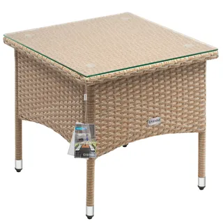 CASARIA® Polyrattan Beistelltisch 50x50x45cm Höhenverstellbare 5mm Sicherheitsglas Wetterfest 80kg Belastbar Gartentisch Balkontisch Teetisch Outdoor Creme - Beige