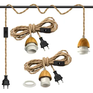 Industrielle Pendelleuchte Kit mit Schalter, 2 Stück Retro E27 Lampefassung mit Kabel 510cm,Vintage Hängelampe mit Stecker, Rustikal Hanfseil Lampenkabel, Lampenschirm DIY, für Schlafzimmer Küche