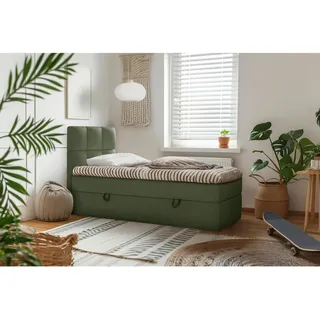 Mid.you Boxbett , Dunkelgrün , Holz, Textil, Holzwerkstoff , H3 , 90x200 cm , Bettkasten, gepolstertes Kopfteil, Stoffauswahl, Topper durchgehend , Holzmöbel, Holzbetten, Boxspringbetten Holz