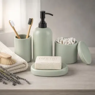 Ava Nord Moderne Badezimmer Accessoires aus Keramik | 4er Set | Grün | Seifenspender + Zahnbürstenhalter + Seifenschale + Becher, ästhetisches skandinavisches Design, Wohnaccessoire, kratzfest