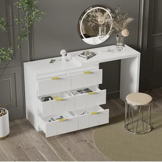 MODFU Schminktisch mit 6 Schubladen, Schminkkommode mit Drehbarem Beistelltisch, Arbeitstisch Frisiertisch Frisierkommode, 40x73cm, Weiß - Weiß