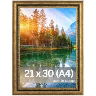 VictoR Bilderrahmen Boho gold in 21x30 cm (A4) - Leiste: 30x16mm - Fotorahmen vintage Deko rustikal - Bilderrahmen gold 20x30 - Landhaus