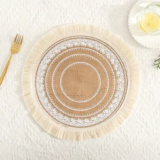 Rund Gewebte Platzset,Boho Tischsets,Jute Tischsets mit Mandala Quaste,Böhmen Farmhouse Retro Restaurant Tischdekoration Platzdeckchen Tischsets für Hochzeit Festival Party Küche Speisetisch,4er Set P