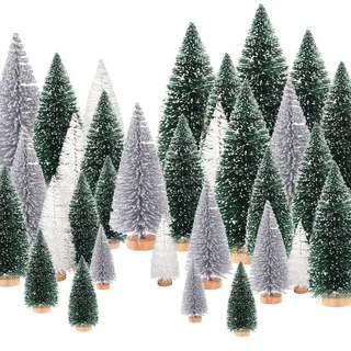 30pcs Mini Weihnachtsbaum Weihnachtsdeko Künstlicher, 5 Größen mit Holz Basis, Weihnachtsbaum mit Schnee, Tischdeko Weihnachten(Dunkelgrün+Silber+Weiß)