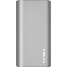 UNIQO Powerbank 20000 mAh für Android Handys, iPhone 15/14/13 und höher, 3 USB Ausgänge, USB-C und Micro USB Eingang, 4 Status LEDs, inkl. Ladekabel, satiniertes Aluminiumgehäuse silber